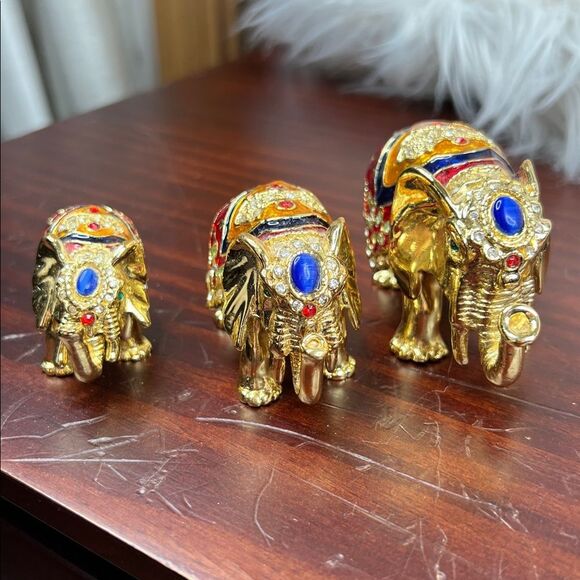 3 Qifu Elephant Family Trinket Box Set Enamel Rhinestone Jeweled Hinged - Picture 3 of 8